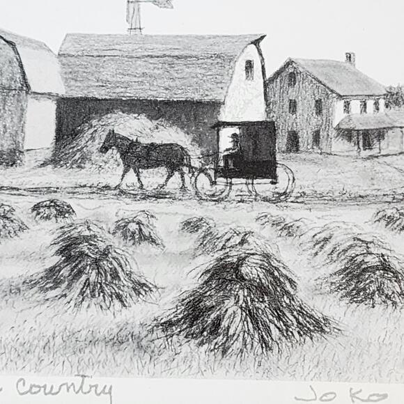 Vintage Amish Country Pencil Drawing Print Signed JO K0 10x12 Barn Horse Buggy - Picture 3 of 14